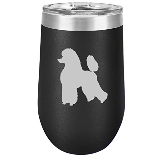 16 oz Double Wall Vacuum Insulated Stainless Steel Stemless Wine Tumbler Glass Coffee Travel Mug With Lid Poodle (Black)