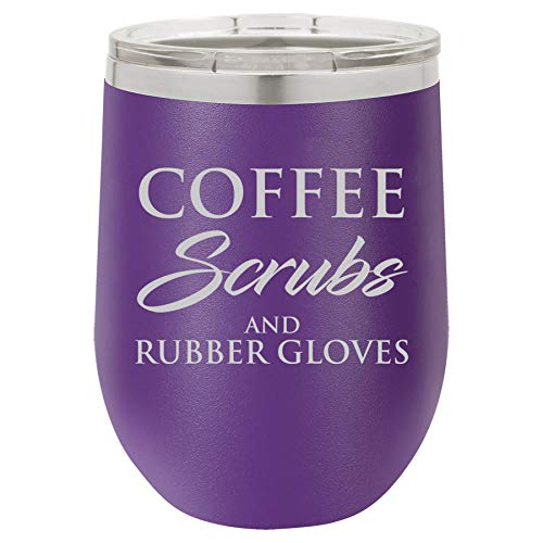 12 oz Double Wall Vacuum Insulated Stainless Steel Stemless Wine Tumbler Glass Coffee Travel Mug With Lid Nurse Doctor Dentist Dental Assistant Therapist Coffee Scrubs And Rubber Gloves (Purple)