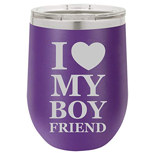 12 oz Double Wall Vacuum Insulated Stainless Steel Stemless Wine Tumbler Glass Coffee Travel Mug With Lid I Love My Boyfriend (Purple)