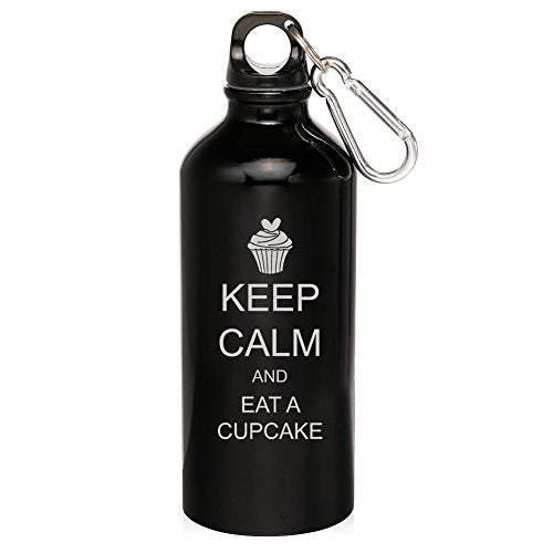 20oz Aluminum Sports Water Bottle Caribiner Clip Keep Calm and Eat A Cupcake (Black)