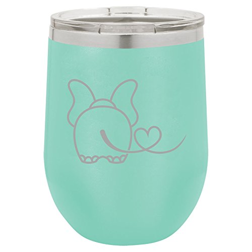 12 oz Double Wall Vacuum Insulated Stainless Steel Stemless Wine Tumbler Glass Coffee Travel Mug With Lid Elephant In Love (Teal)