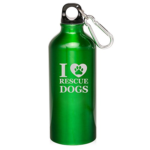 20oz Aluminum Sports Water Bottle Caribiner Clip I Love Rescue Dogs (Green)