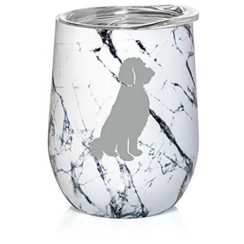 12 oz Double Wall Vacuum Insulated Stainless Steel Marble Stemless Wine Tumbler Glass Coffee Travel Mug With Lid Goldendoodle (Black White Marble)