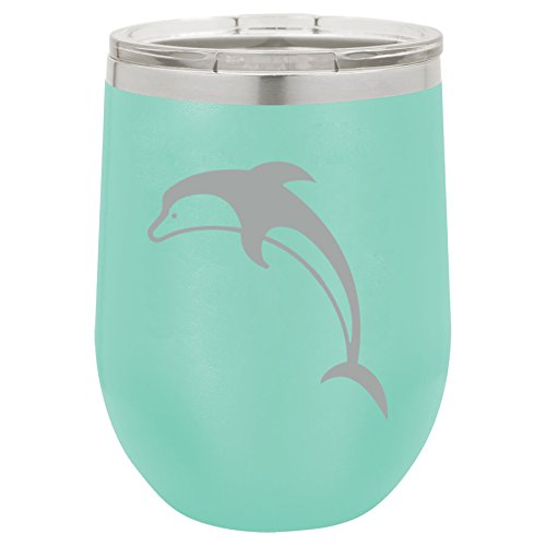 12 oz Double Wall Vacuum Insulated Stainless Steel Stemless Wine Tumbler Glass Coffee Travel Mug With Lid Dolphin (Teal)