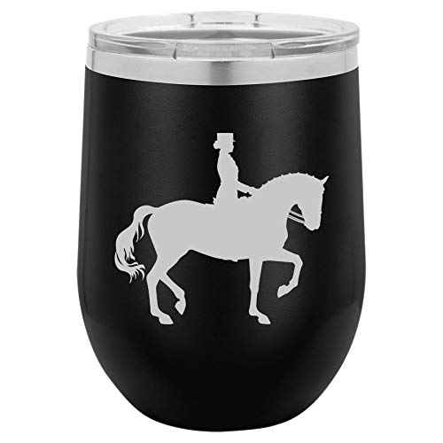 12 oz Double Wall Vacuum Insulated Stainless Steel Stemless Wine Tumbler Glass Coffee Travel Mug With Lid Dressage Horse With Rider (Black)