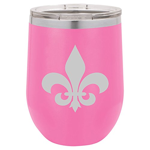 12 oz Double Wall Vacuum Insulated Stainless Steel Stemless Wine Tumbler Glass Coffee Travel Mug With Lid Fleur-De-Lis (Hot-Pink)