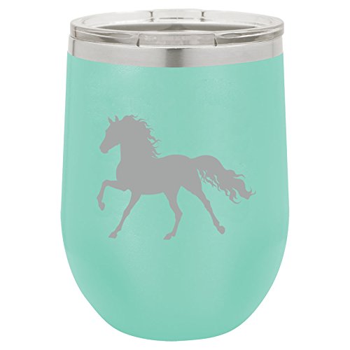 12 oz Double Wall Vacuum Insulated Stainless Steel Stemless Wine Tumbler Glass Coffee Travel Mug With Lid Horse (Teal)