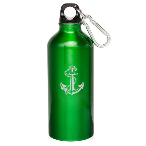 Green 20oz Aluminum Sports Water Bottle Caribiner Clip ZW03 Anchor with Rope