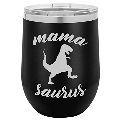 12 oz Double Wall Vacuum Insulated Stainless Steel Stemless Wine Tumbler Glass Coffee Travel Mug With Lid Mama Saurus Mom Mother T-Rex Funny (Black)