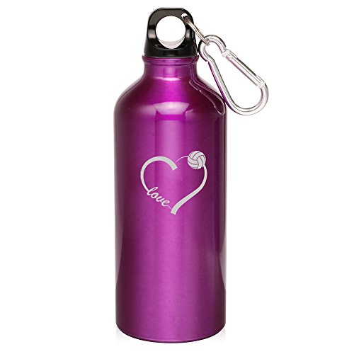 20oz Aluminum Sports Water Bottle Caribiner Clip Love Volleyball Heart (Purple)