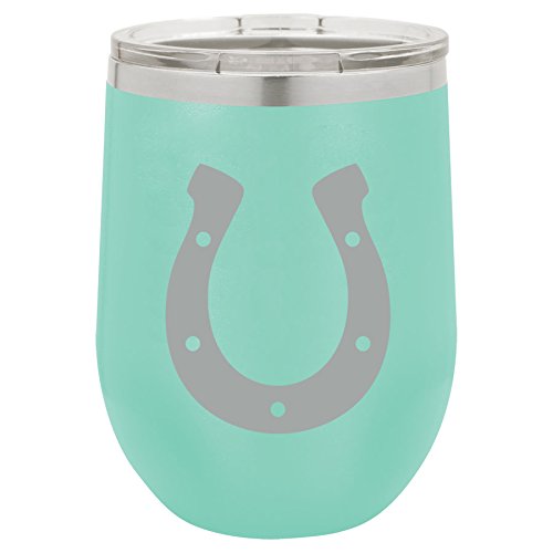 12 oz Double Wall Vacuum Insulated Stainless Steel Stemless Wine Tumbler Glass Coffee Travel Mug With Lid Horseshoe (Teal)