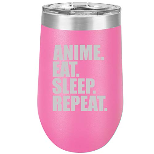 16 oz Double Wall Vacuum Insulated Stainless Steel Stemless Wine Tumbler Glass Coffee Travel Mug With Lid Anime Eat Sleep Repeat (Hot Pink)