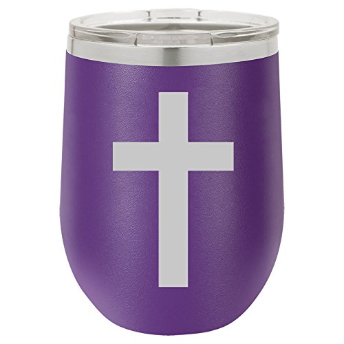 12 oz Double Wall Vacuum Insulated Stainless Steel Stemless Wine Tumbler Glass Coffee Travel Mug With Lid Cross Christian (Purple)