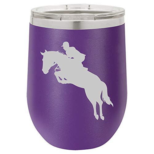 12 oz Double Wall Vacuum Insulated Stainless Steel Stemless Wine Tumbler Glass Coffee Travel Mug With Lid Jockey Horse With Rider (Purple)