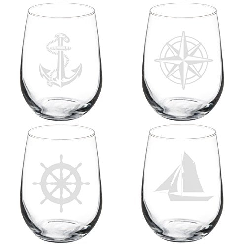 Set of 4 Wine Glass Goblet Anchor Boat Compass Nautical Collection (17 oz Stemless)