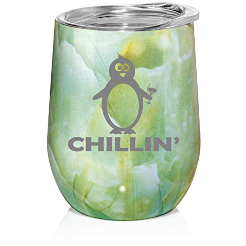 12 oz Double Wall Vacuum Insulated Stainless Steel Marble Stemless Wine Tumbler Glass Coffee Travel Mug With Lid Chillin' Penguin Funny (Turquoise Green Marble)