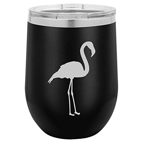 12 oz Double Wall Vacuum Insulated Stainless Steel Stemless Wine Tumbler Glass Coffee Travel Mug With Lid Flamingo (Black)