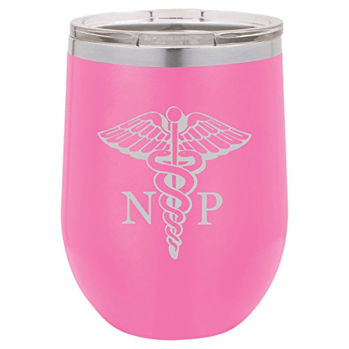 12 oz Double Wall Vacuum Insulated Stainless Steel Stemless Wine Tumbler Glass Coffee Travel Mug With Lid NP Nurse Practitioner Caduceus (Hot-Pink)