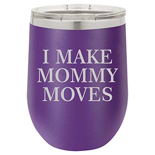 12 oz Double Wall Vacuum Insulated Stainless Steel Stemless Wine Tumbler Glass Coffee Travel Mug With Lid I Make Mommy Moves Funny (Purple)