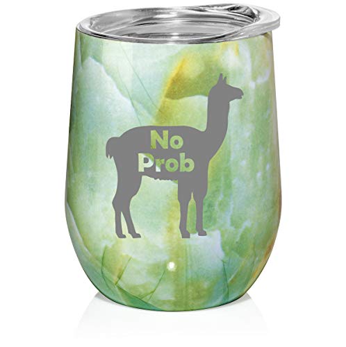 12 oz Double Wall Vacuum Insulated Stainless Steel Marble Stemless Wine Tumbler Glass Coffee Travel Mug With Lid No Prob Llama Funny (Turquoise Green Marble)