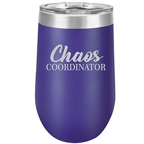 16 oz Double Wall Vacuum Insulated Stainless Steel Stemless Wine Tumbler Glass Coffee Travel Mug With Lid Chaos Coordinator Mom Mother Teacher (Purple)