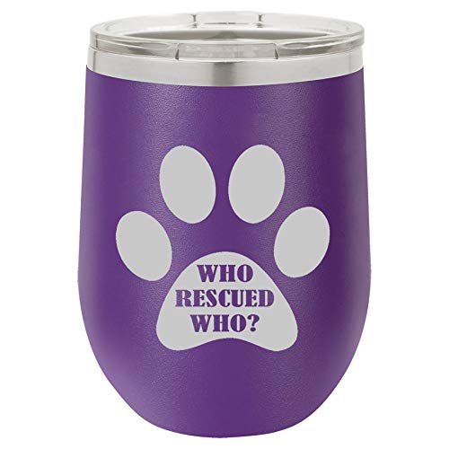 12 oz Double Wall Vacuum Insulated Stainless Steel Stemless Wine Tumbler Glass Coffee Travel Mug With Lid Paw Print Who Rescued Who (Purple)