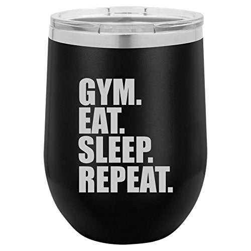 12 oz Double Wall Vacuum Insulated Stainless Steel Stemless Wine Tumbler Glass Coffee Travel Mug With Lid Gym Eat Sleep Repeat (Black)