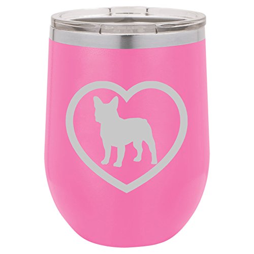 12 oz Double Wall Vacuum Insulated Stainless Steel Stemless Wine Tumbler Glass Coffee Travel Mug With Lid French Bulldog Heart (Hot-Pink)