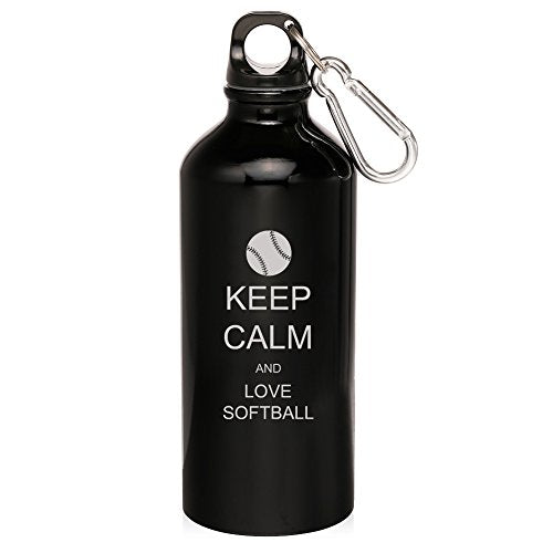 20oz Aluminum Sports Water Bottle Caribiner Clip Keep Calm and Love Softball (Black)