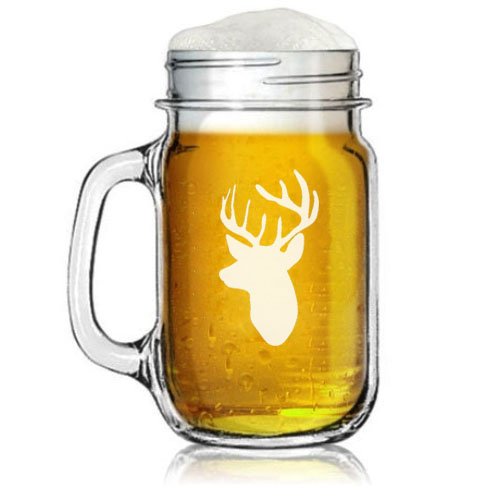 16oz Mason Jar Glass Mug w/ Handle Deer Head With Antlers Hunting