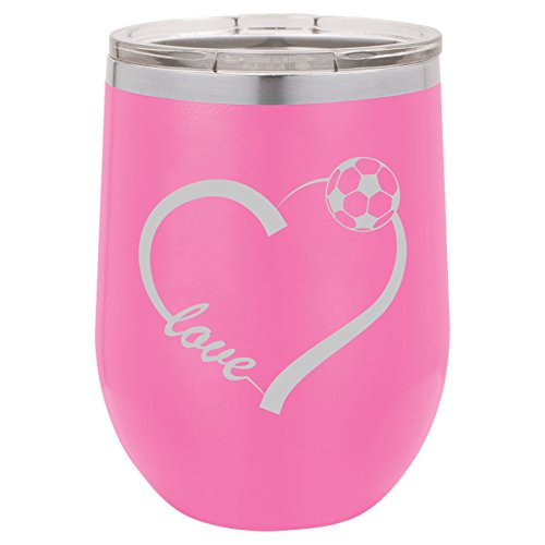 12 oz Double Wall Vacuum Insulated Stainless Steel Stemless Wine Tumbler Glass Coffee Travel Mug With Lid Love Heart Soccer (Hot-Pink)