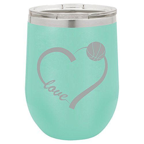 12 oz Double Wall Vacuum Insulated Stainless Steel Stemless Wine Tumbler Glass Coffee Travel Mug With Lid Love Heart Basketball (Teal)