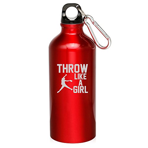 20oz Aluminum Sports Water Bottle Caribiner Clip Throw Like A Girl Softball (Red)