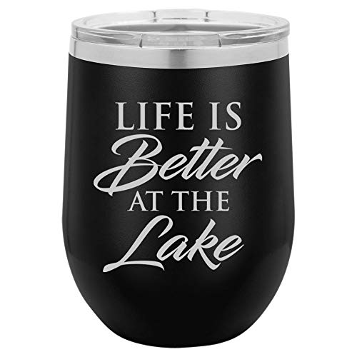 12 oz Double Wall Vacuum Insulated Stainless Steel Stemless Wine Tumbler Glass Coffee Travel Mug With Lid Life Is Better At The Lake (Black)