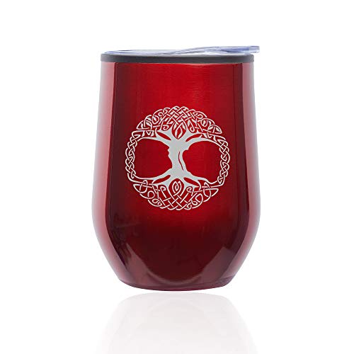 Stemless Wine Tumbler Coffee Travel Mug Glass With Lid Celtic Tree Of Life Irish (Red)