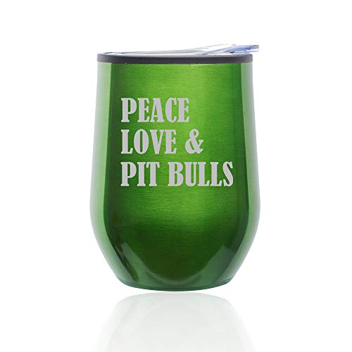 Stemless Wine Tumbler Coffee Travel Mug Glass With Lid Peace Love & Pit Bulls (Green)