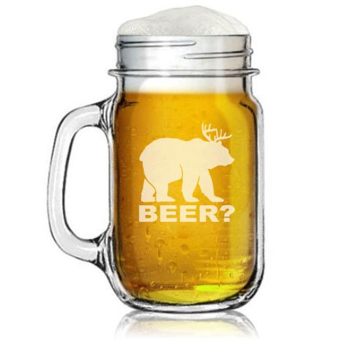 16oz Mason Jar Glass Mug w/ Handle Funny Deer + Bear = Beer