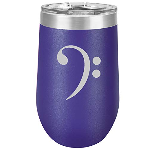 16 oz Double Wall Vacuum Insulated Stainless Steel Stemless Wine Tumbler Glass Coffee Travel Mug With Lid Bass Clef (Purple)