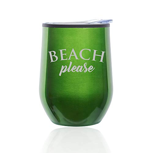 Stemless Wine Tumbler Coffee Travel Mug Glass With Lid Beach Please (Green)