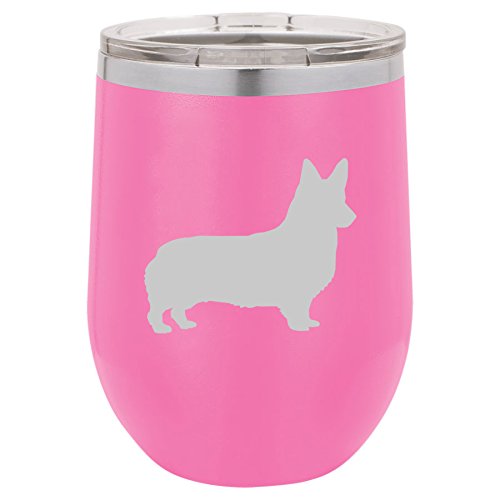 12 oz Double Wall Vacuum Insulated Stainless Steel Stemless Wine Tumbler Glass Coffee Travel Mug With Lid Corgi (Hot-Pink)