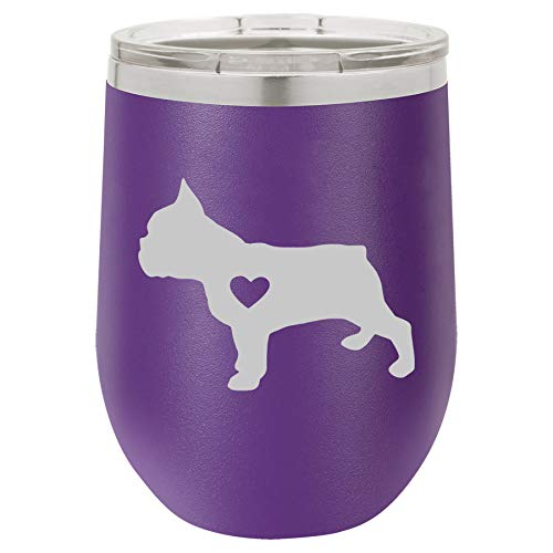 12 oz Double Wall Vacuum Insulated Stainless Steel Stemless Wine Tumbler Glass Coffee Travel Mug With Lid Cute French Bulldog With Heart (Purple)