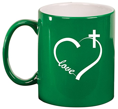 Ceramic Coffee Tea Mug Cup Love Heart Cross Christian (Green)