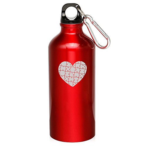 20oz Aluminum Sports Water Bottle Caribiner Clip Heart Puzzle Autism (Red)