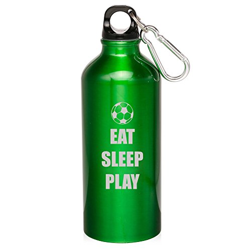 20oz Aluminum Sports Water Bottle Caribiner Clip Eat Sleep Play Soccer (Green)