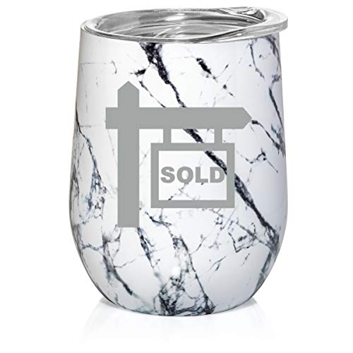 12 oz Double Wall Vacuum Insulated Stainless Steel Marble Stemless Wine Tumbler Glass Coffee Travel Mug With Lid Real Estate Agent Broker Realtor Sold (Black White Marble)