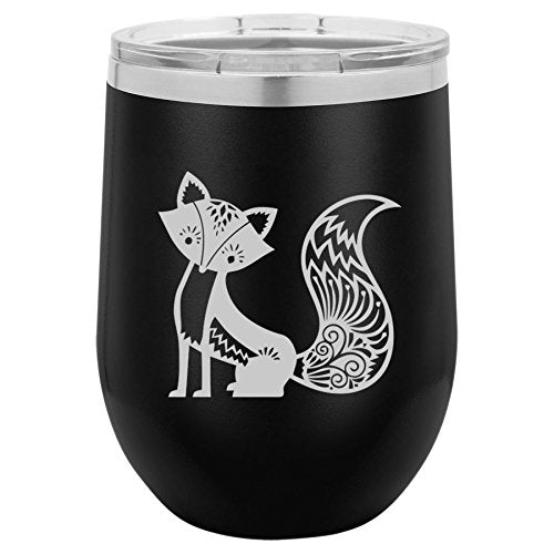 12 oz Double Wall Vacuum Insulated Stainless Steel Stemless Wine Tumbler Glass Coffee Travel Mug With Lid Fancy Fox (Black)