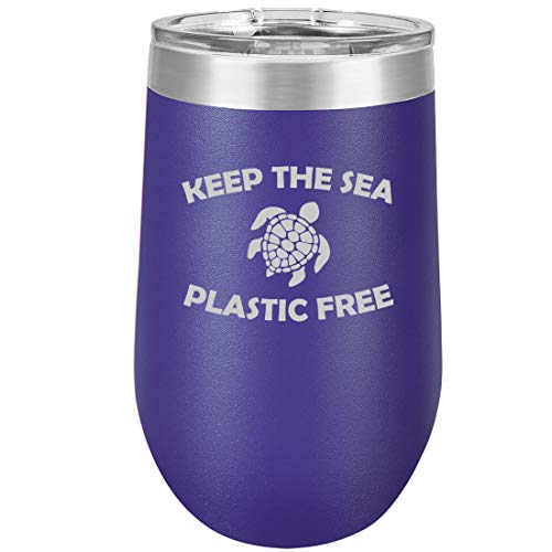 16 oz Double Wall Vacuum Insulated Stainless Steel Stemless Wine Tumbler Glass Coffee Travel Mug With Lid Keep The Sea Plastic Free Sea Turtle (Purple)