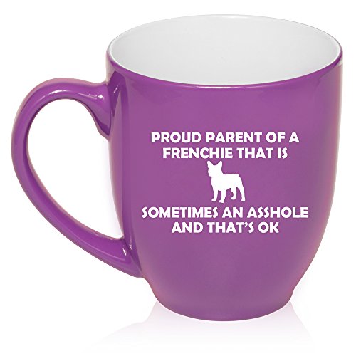 16 oz Large Bistro Mug Ceramic Coffee Tea Glass Cup Proud Parent Frenchie French Bulldog (Purple)
