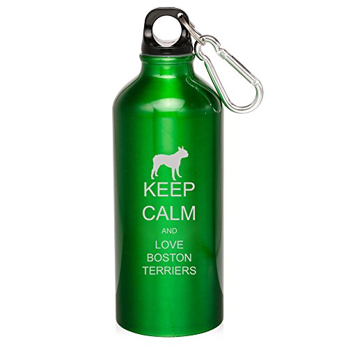 20oz Aluminum Sports Water Bottle Caribiner Clip Keep Calm and Love Boston Terriers (Green)