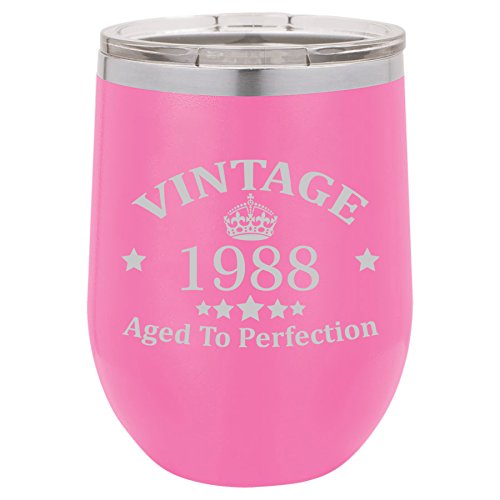 12 oz Double Wall Vacuum Insulated Stainless Steel Stemless Wine Tumbler Glass Coffee Travel Mug With Lid Vintage Aged To Perfection 1988 Birthday 30th Birthday (Hot-Pink)